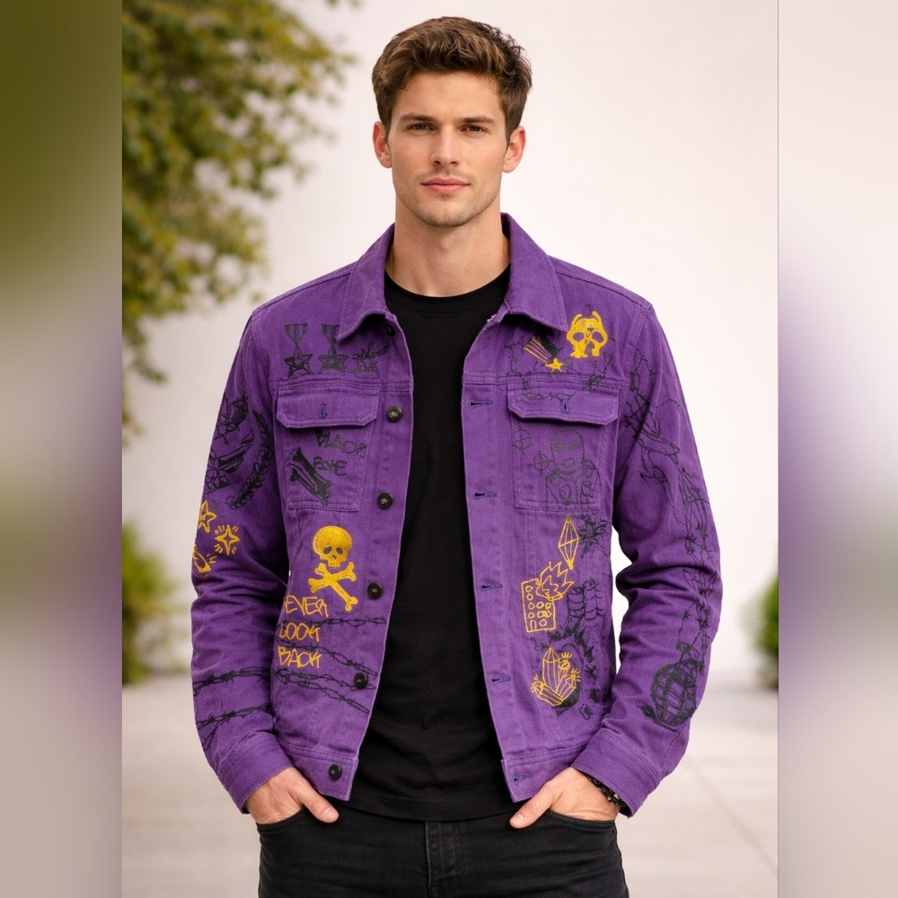 Black Pike Purple Denim Jacket with Graphics. NWT "But Missing Buttons!"